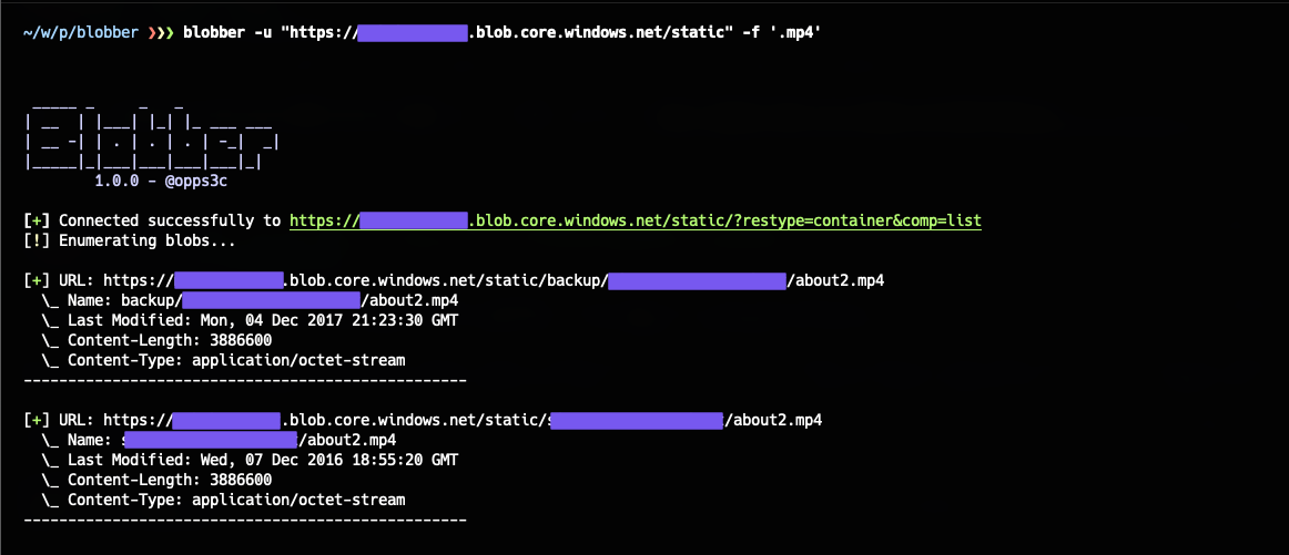 Blobber tool output — listing blobs