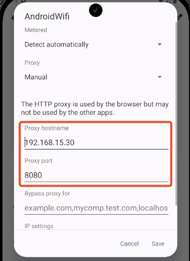 Android Wi-Fi proxy settings configured to Burp Suite