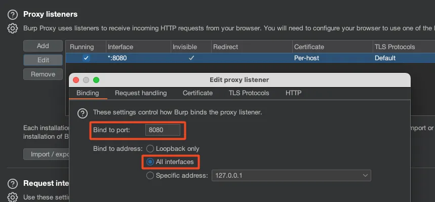 Burp Suite proxy bind settings — All interfaces