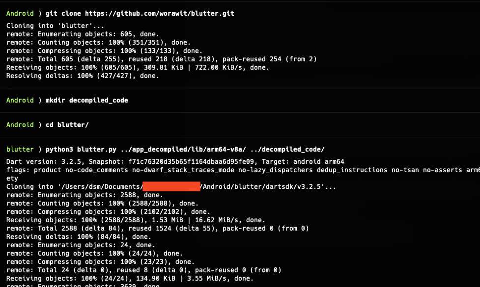 Blutter running and extracting Flutter app resources