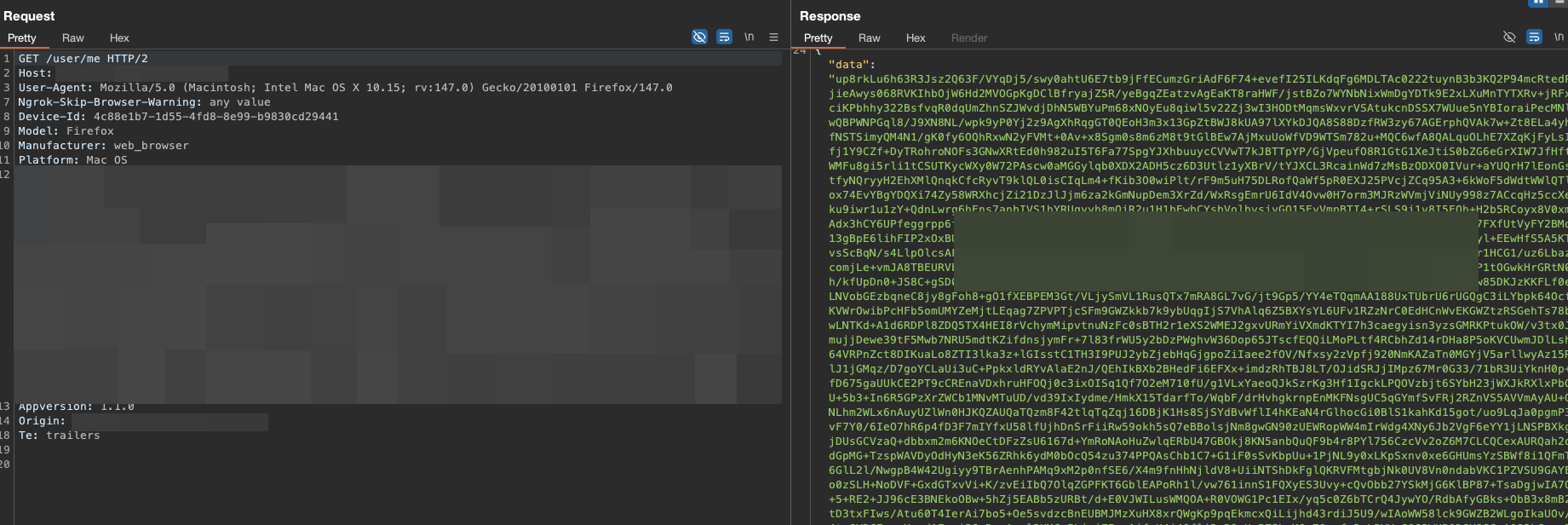 Burp Suite showing encrypted JSON response from the API