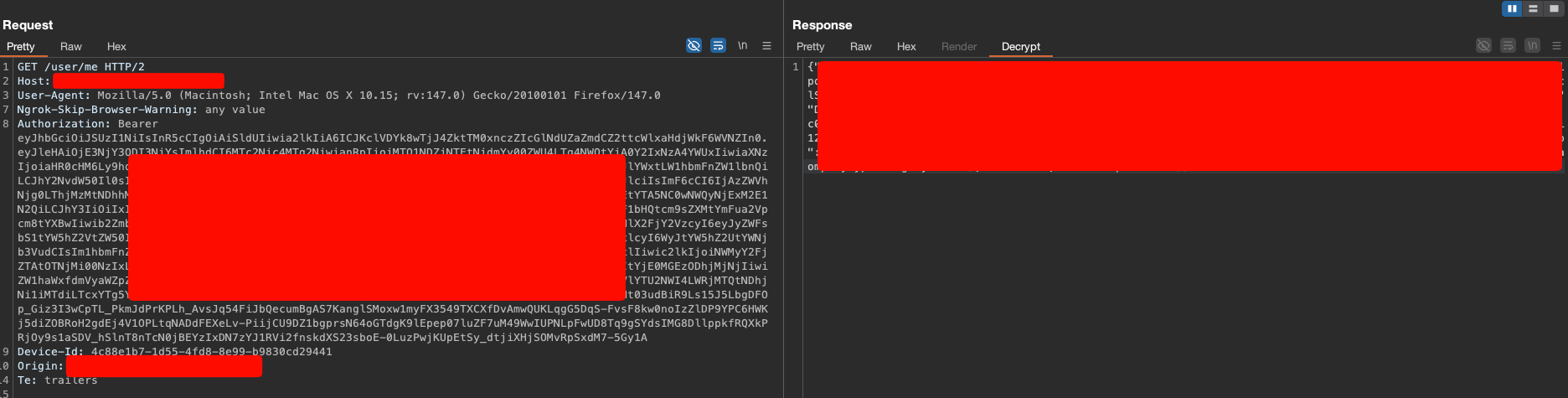 Burp Suite Decrypt tab showing the decrypted JSON response