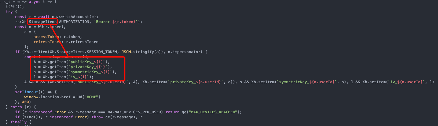 Browser DevTools Storage tab showing encrypted values in Local Storage
