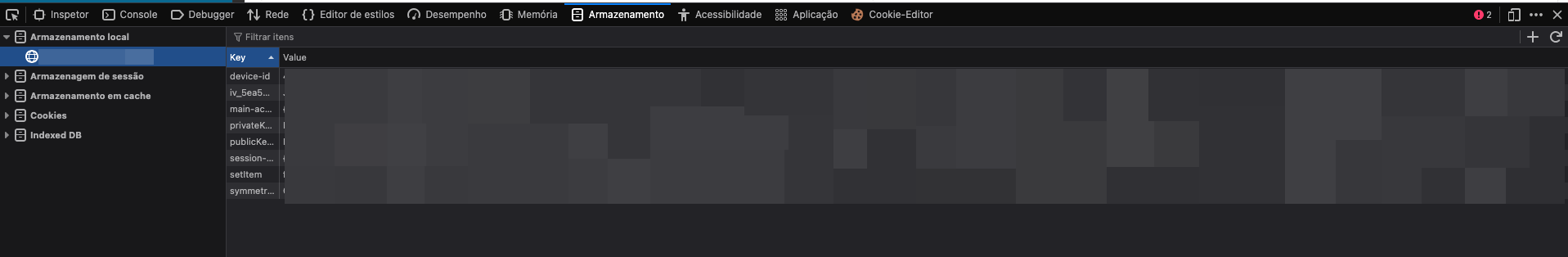Local Storage properties: iv, privateKey, publicKey, symmetricKey