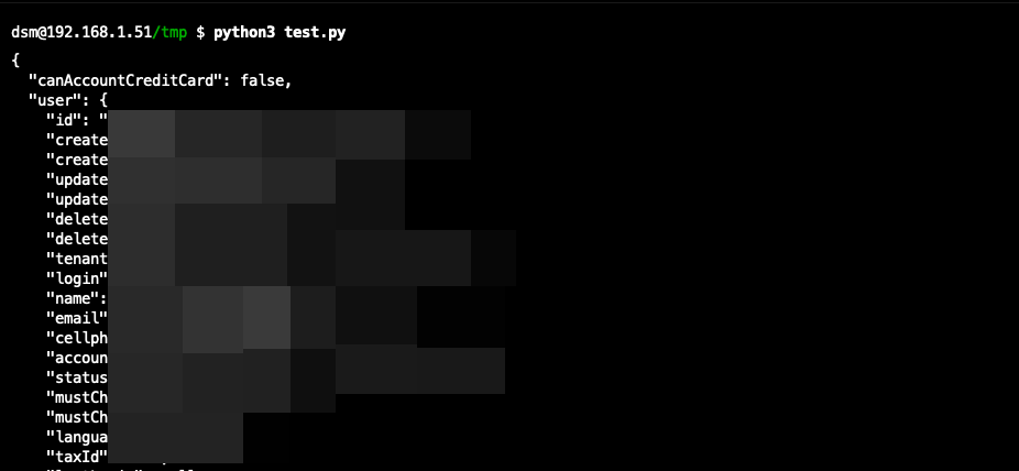 Python script output showing decrypted JSON in clear text