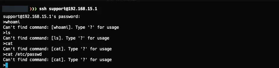 SSH login with support credentials showing restricted shell