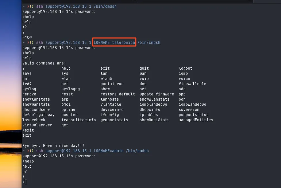 Running cmdsh with LOGNAME=telefonica unlocking additional commands