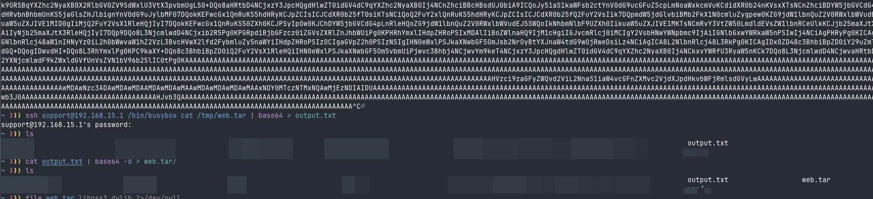 Creating tar archive of /usr/shared/web and encoding to base64