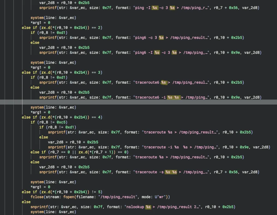 CGI source showing direct input concatenation and output saved to /tmp/ping_result