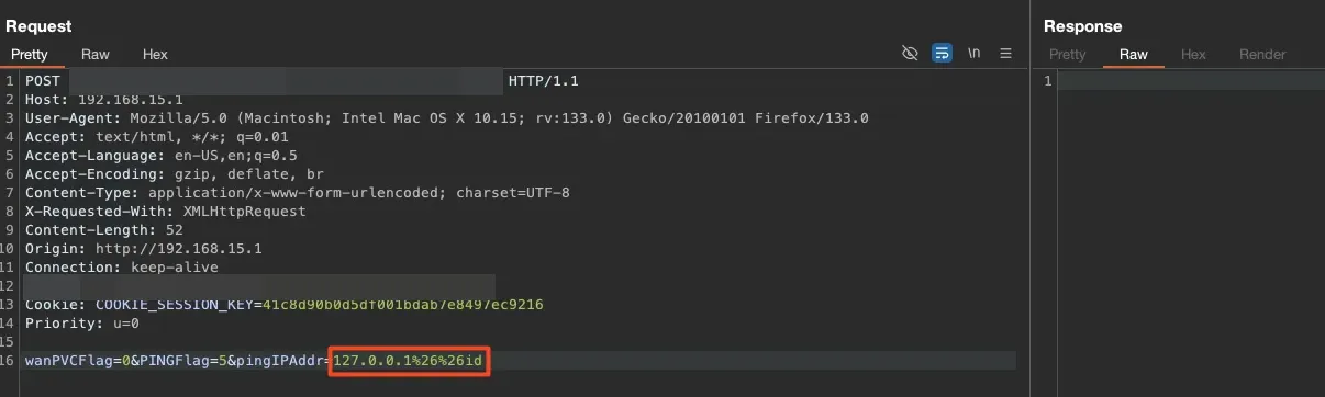Burp Suite request with URL-encoded && for command injection