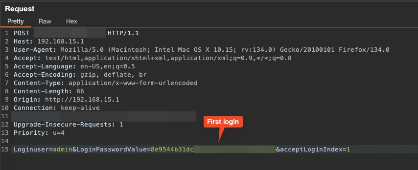 Login request showing MD5-hashed password parameter