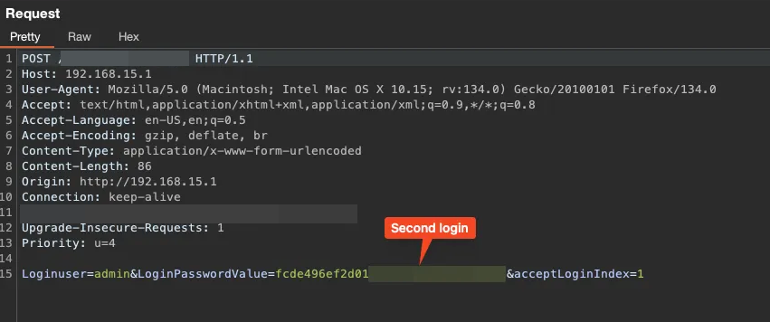 Second login showing different MD5 hash for the same password