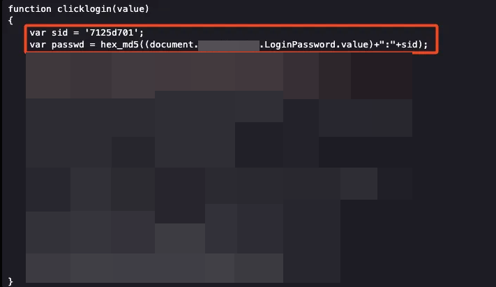 login.cgi source showing checkLogin function mixing SID with password for MD5