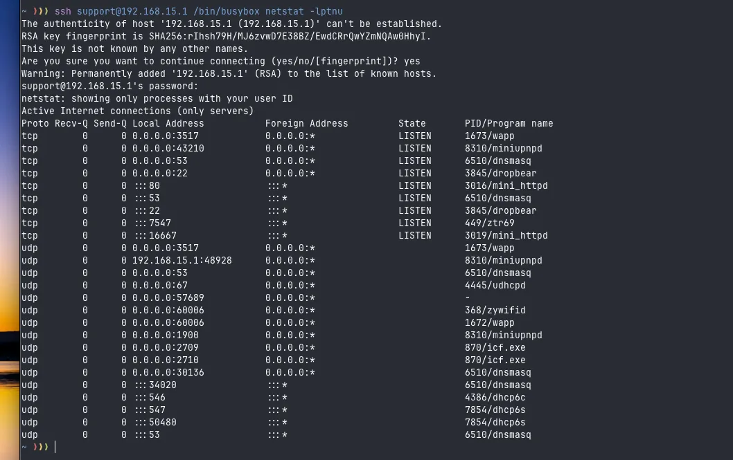 netstat output showing router services and open ports