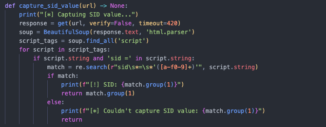 Python script using BeautifulSoup to extract the sid value from login page