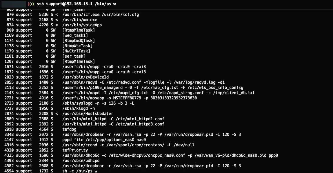 ps w output showing running processes and config file references