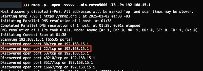 Nmap scan results showing open ports on the router