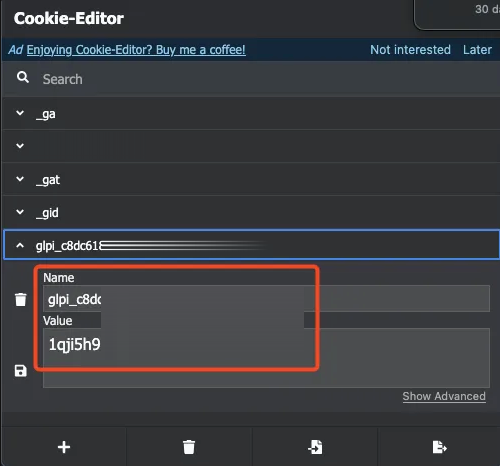 Extensão Cookie-Editor com o cookie inserido