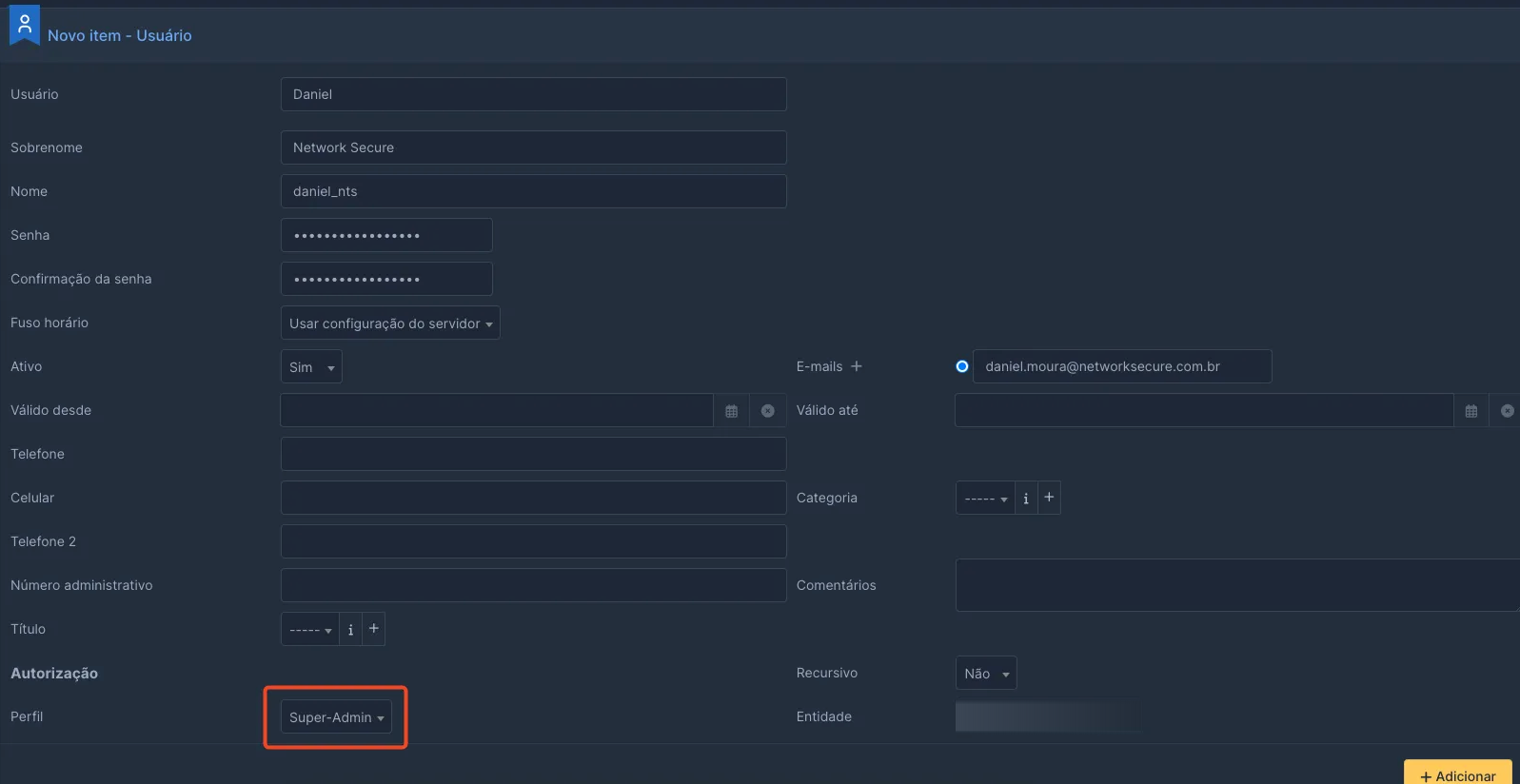 Criando uma nova conta super admin no GLPI