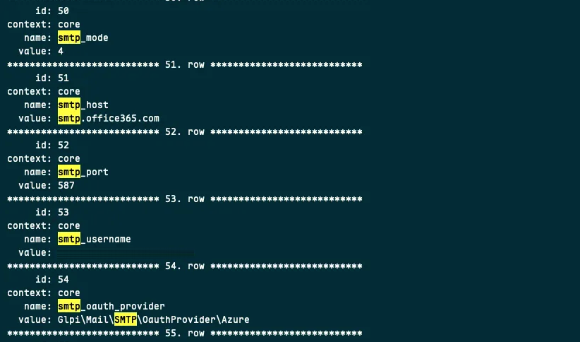 Dados de configuração do GLPI no MySQL - parte 1