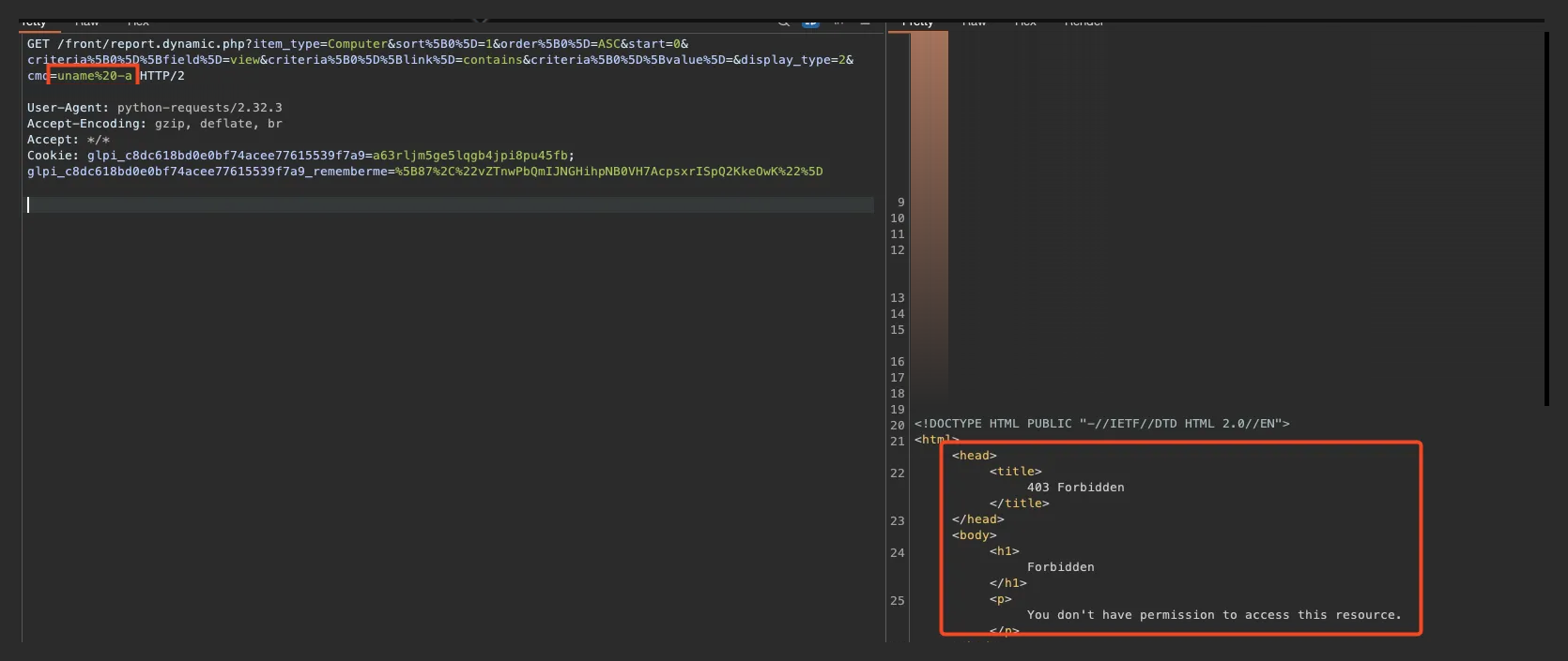 Erro 403 ao tentar executar comandos com espaços